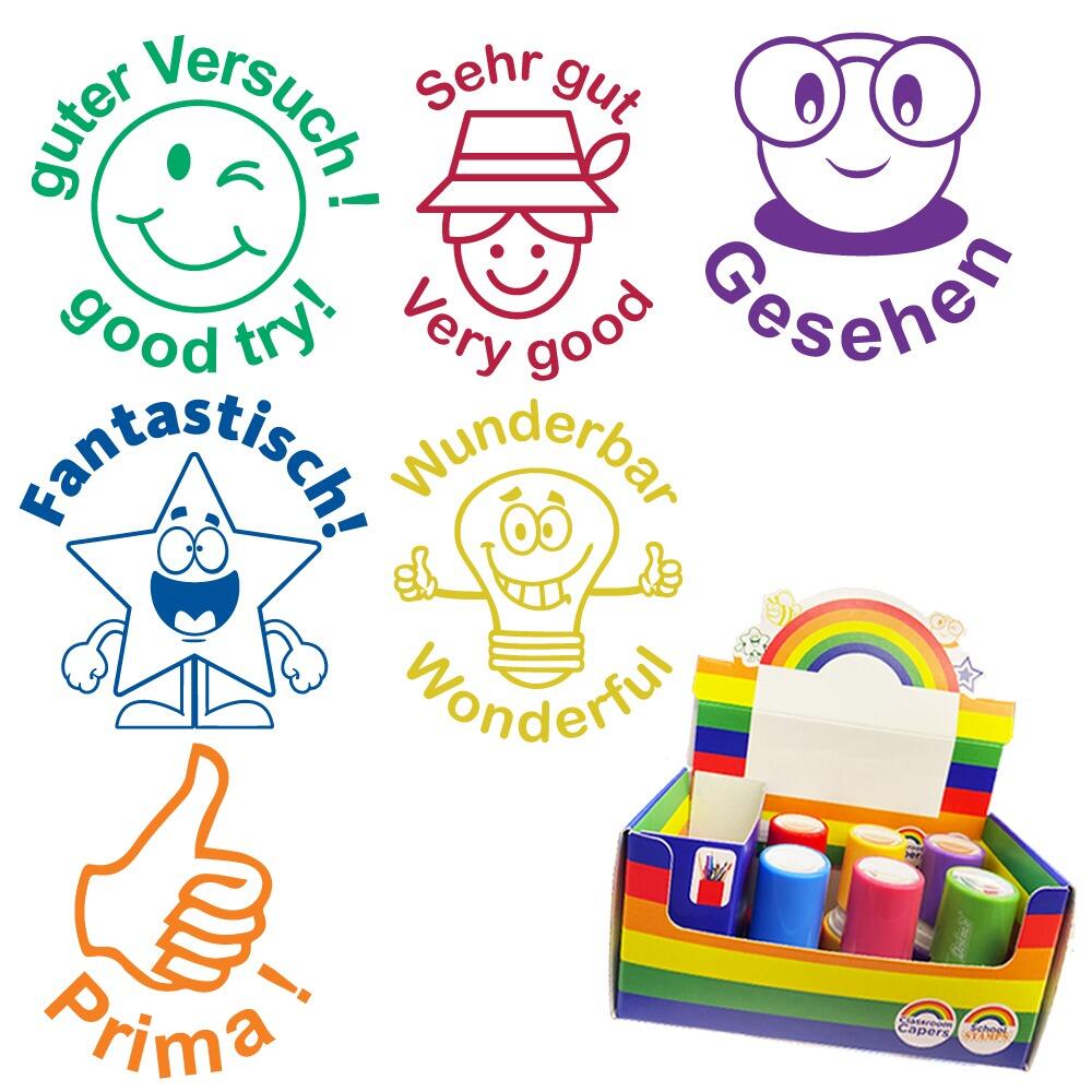 School Stampers | German Praise Message / Design Teacher Stamps - 6 Self-inking Stamp Box Set