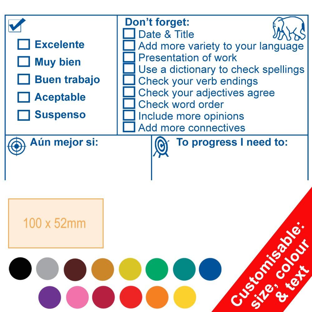 Teacher Stamps | Spanish / English Marking & Feedback Large Stamp. Customise Text, Colour