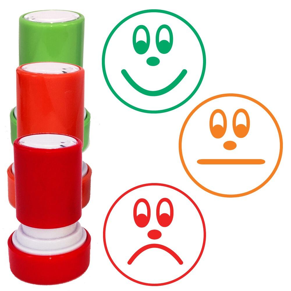 Teacher Stamps | 3 Stamp Set, Traffic Light Faces Self-inking Teacher Stamp for Praise / Reward