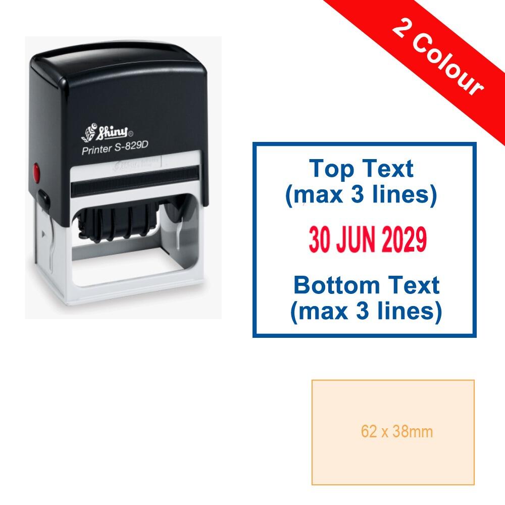 Custom Dater Stamp | 2 Colour, Large 6x4cm Personalised Date Stamp. 6 Text Lines. Shiny S-829D