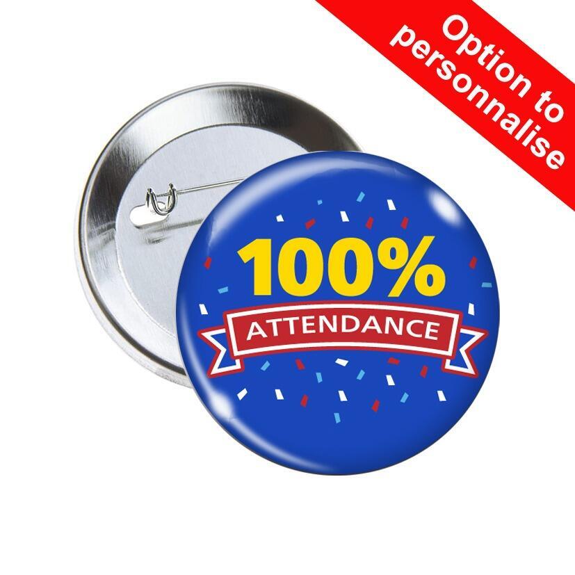 School Badges | 100% Attendance, Ribbon Design Award Pin Badges for Schools x 10.
