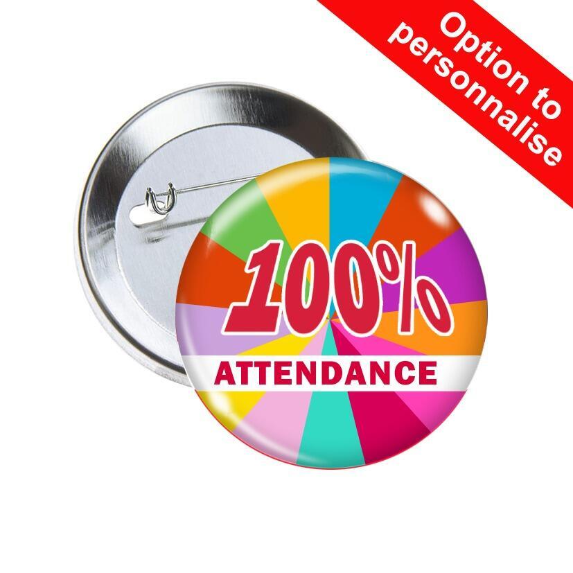 School Badges | 100% Attendance, Rainbow Design, Award Pin Badges for Schools x 10.