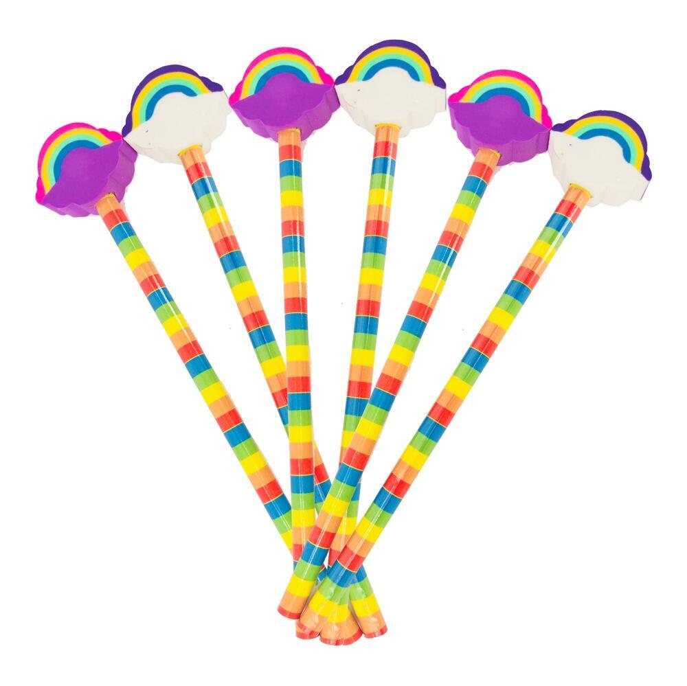 Rainbow Stationery | Rainbow Deign Pencils with Rainbow Eraser Toppers for Class Gifts/Party Bags