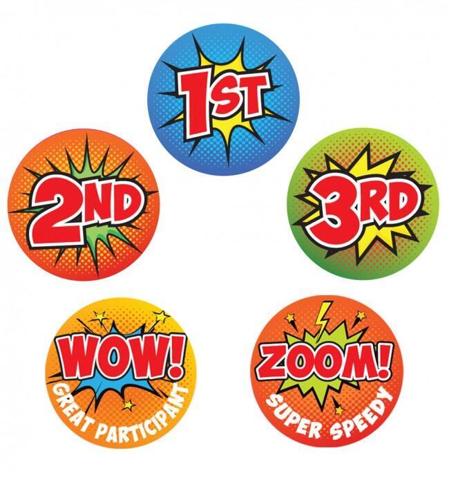 Sports Stickers | 72 Superhero Design 1st, 2nd, 3rd Place & Participant Effort Sports Day Stickers