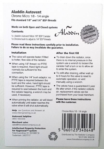 Aladdin Micro Auto Air Vent Radiator Bleeding Valve 1/8" & 1/4" BSP