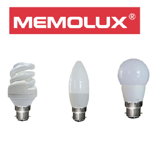 Memolux logo and sample light bulbs