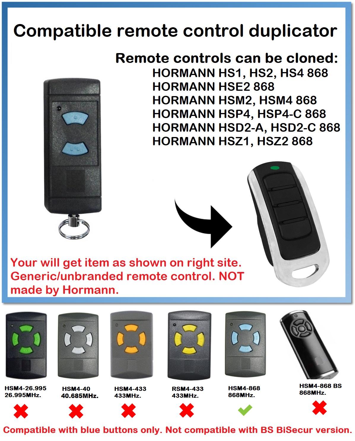 REMOTE CONTROL DUPLICATOR for HORMANN HSE2 868 (BLUE BUTTONS ONLY. NOT ...