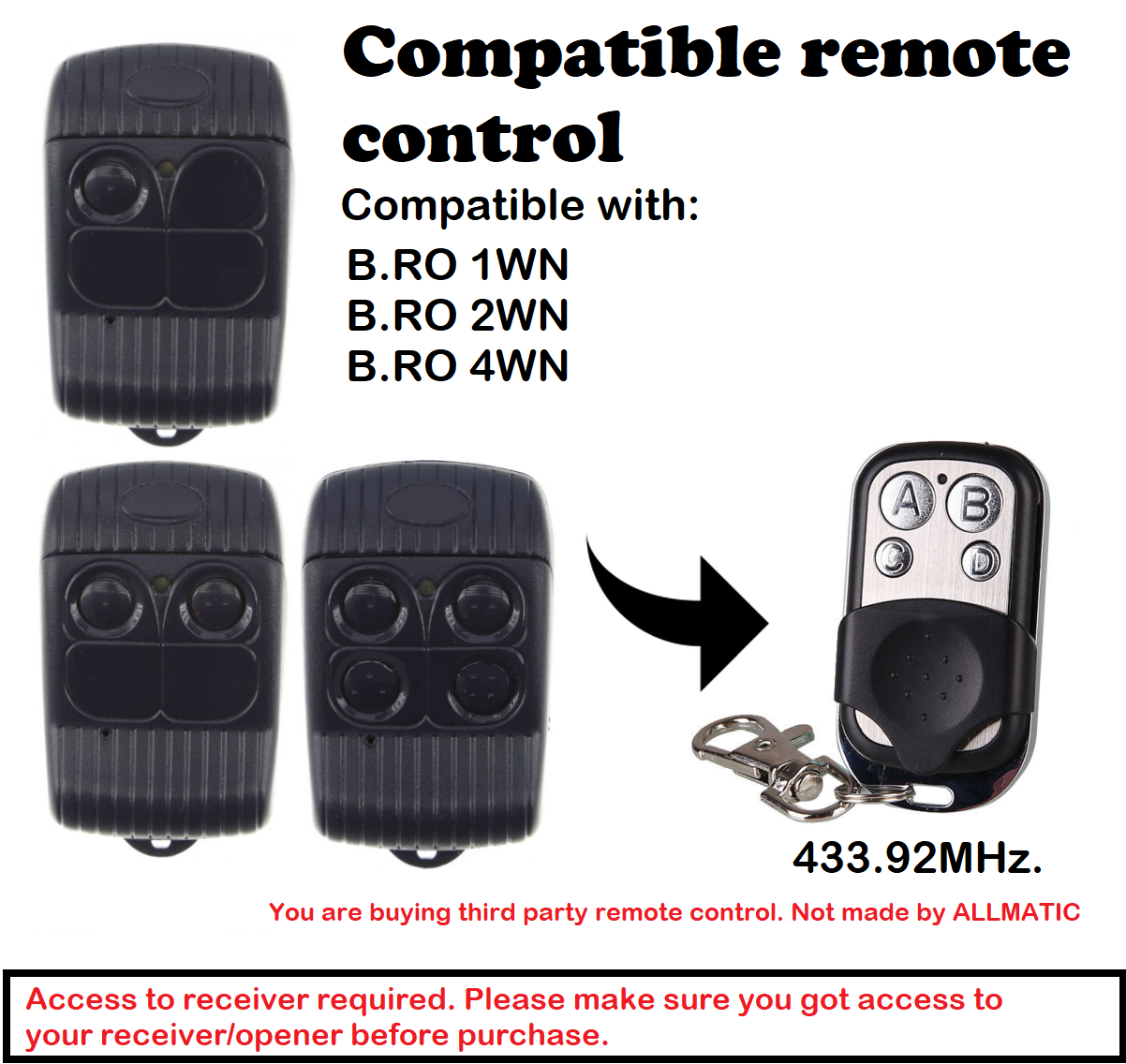 Remote Control Compatible with ALLMATIC B.RO OVER Rolling Code 433.92MHz.