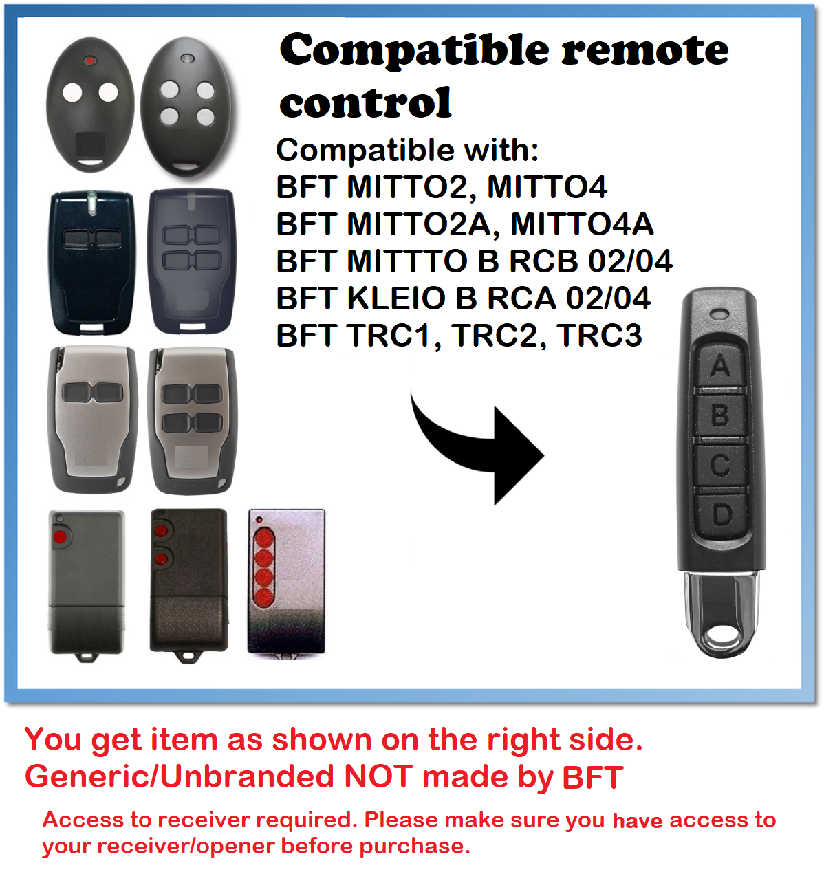 AUTHENTIQUE * BFT MITTO 2 B2 Garage Gate Remote control Rolling code 433.92 MHz 100% 