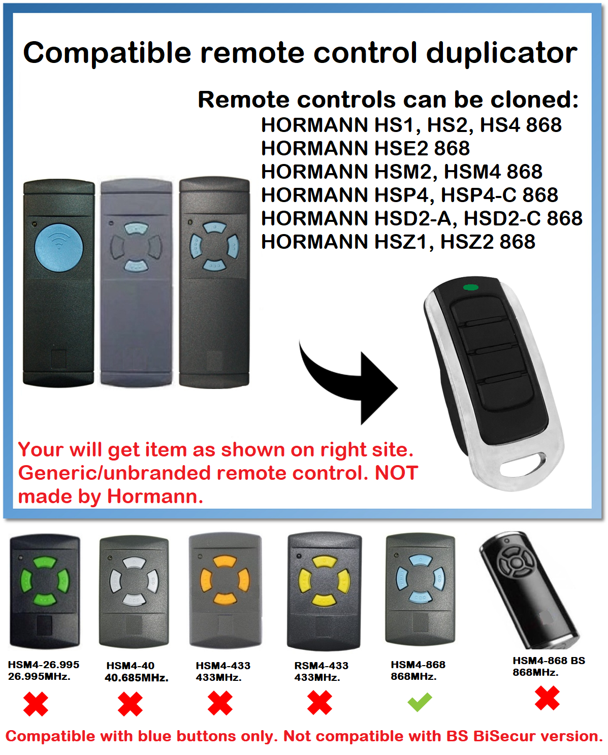 REMOTE CONTROL DUPLICATOR for HORMANN HS1868, HS2868, HS4868 (BLUE