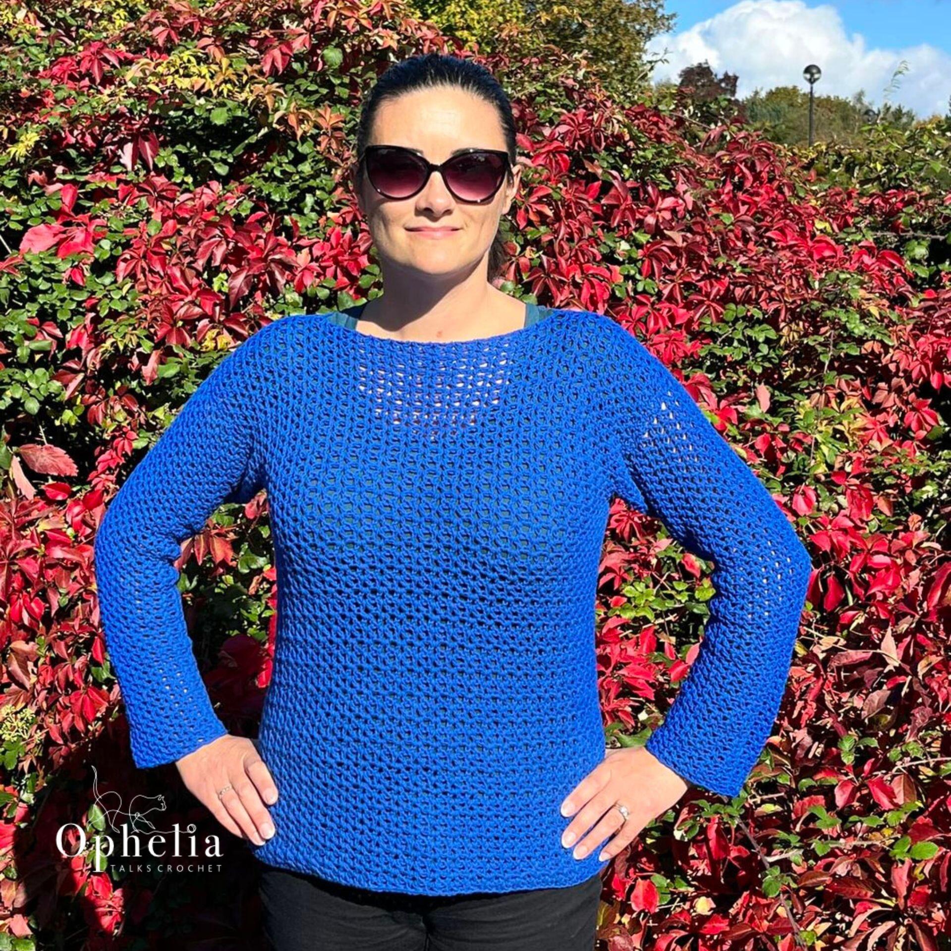 Emma wearing the simple crochet sweater in Wendy supreme cotton love Royal