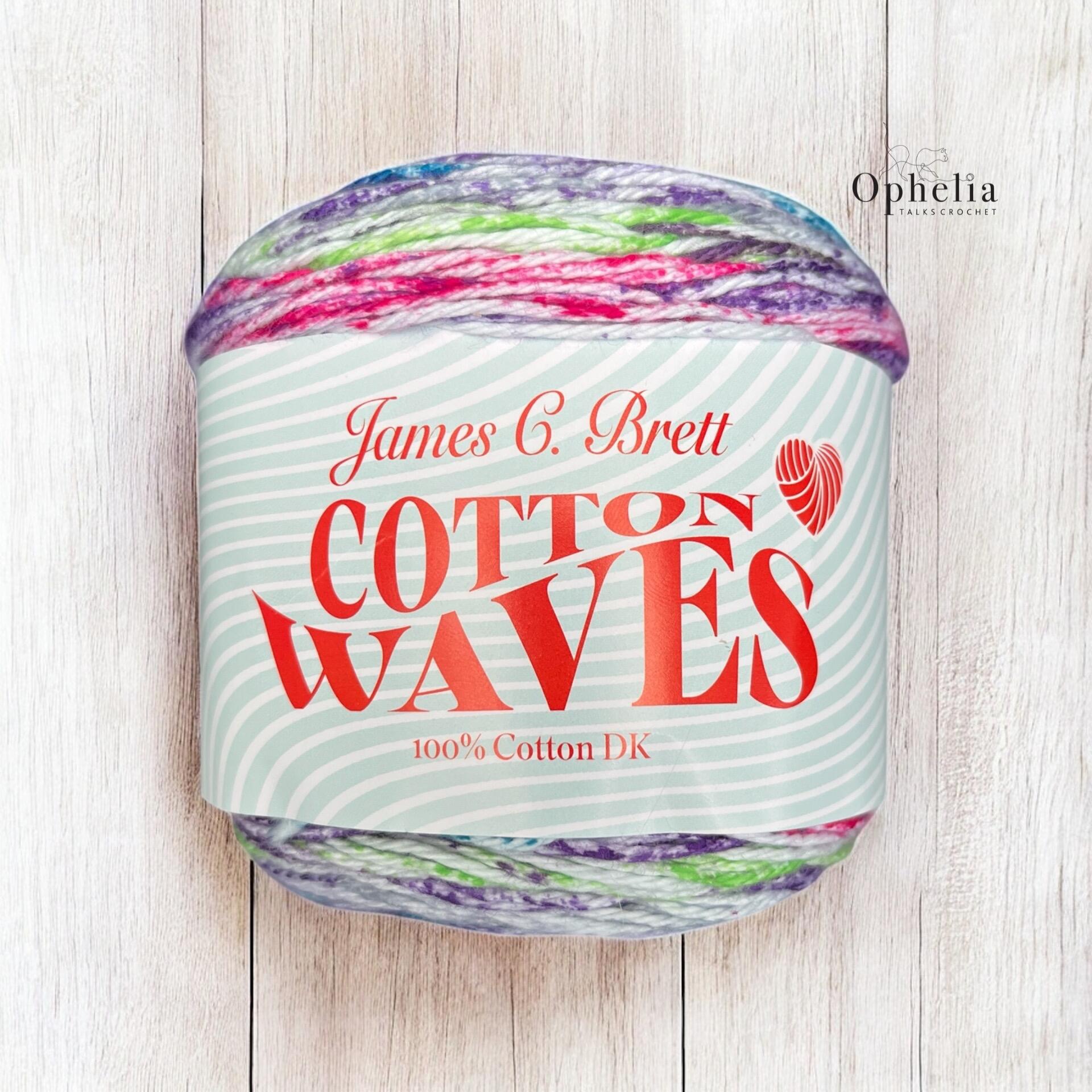 alt="James C. Brett Cotton Waves 100% Cotton DK Cake Yarn in bright multicolour shades – available at Ophelia Talks Crochet"