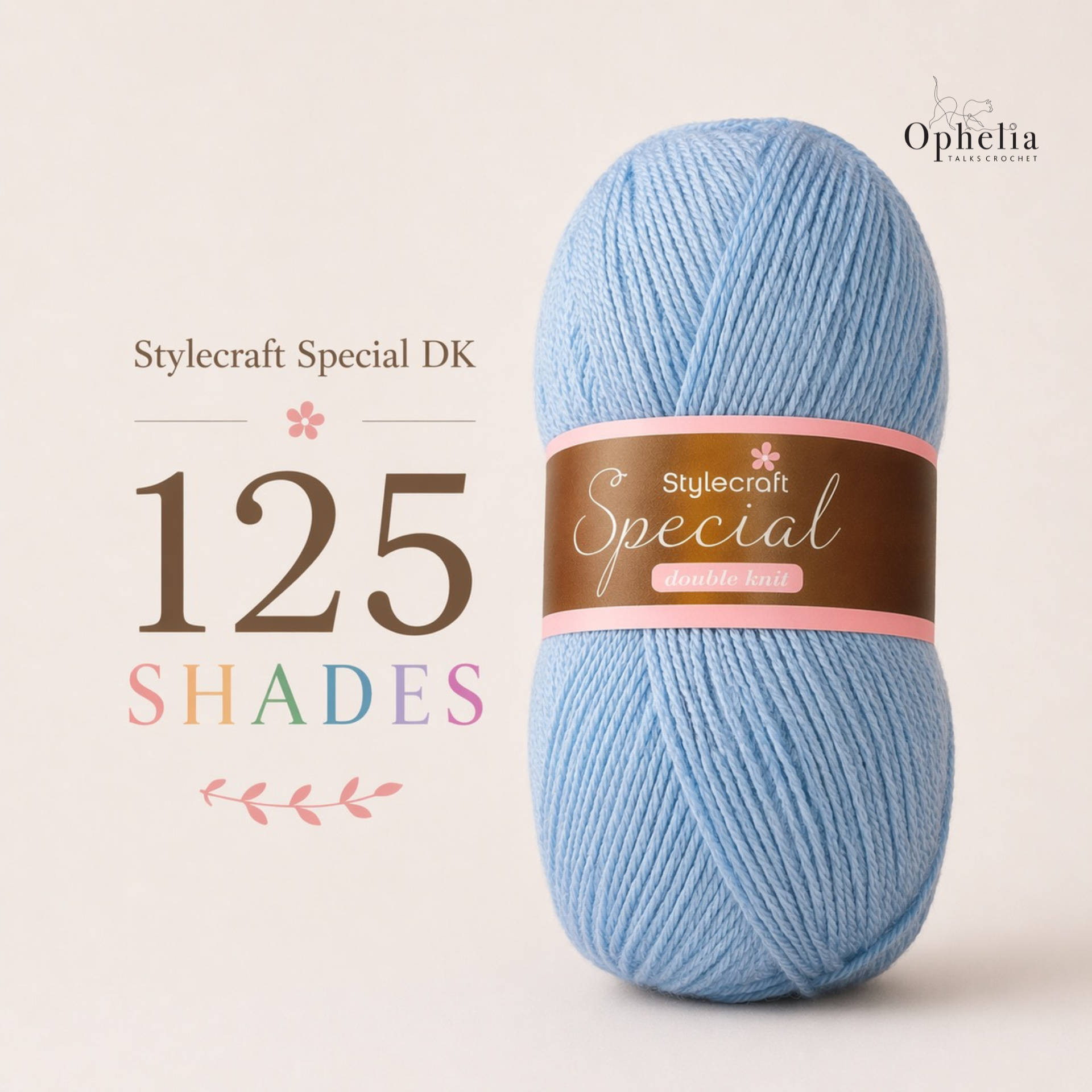 Stylecraft Special DK category image featuring a pale blue yarn ball on a plain neutral background with text highlighting 125 colours available.