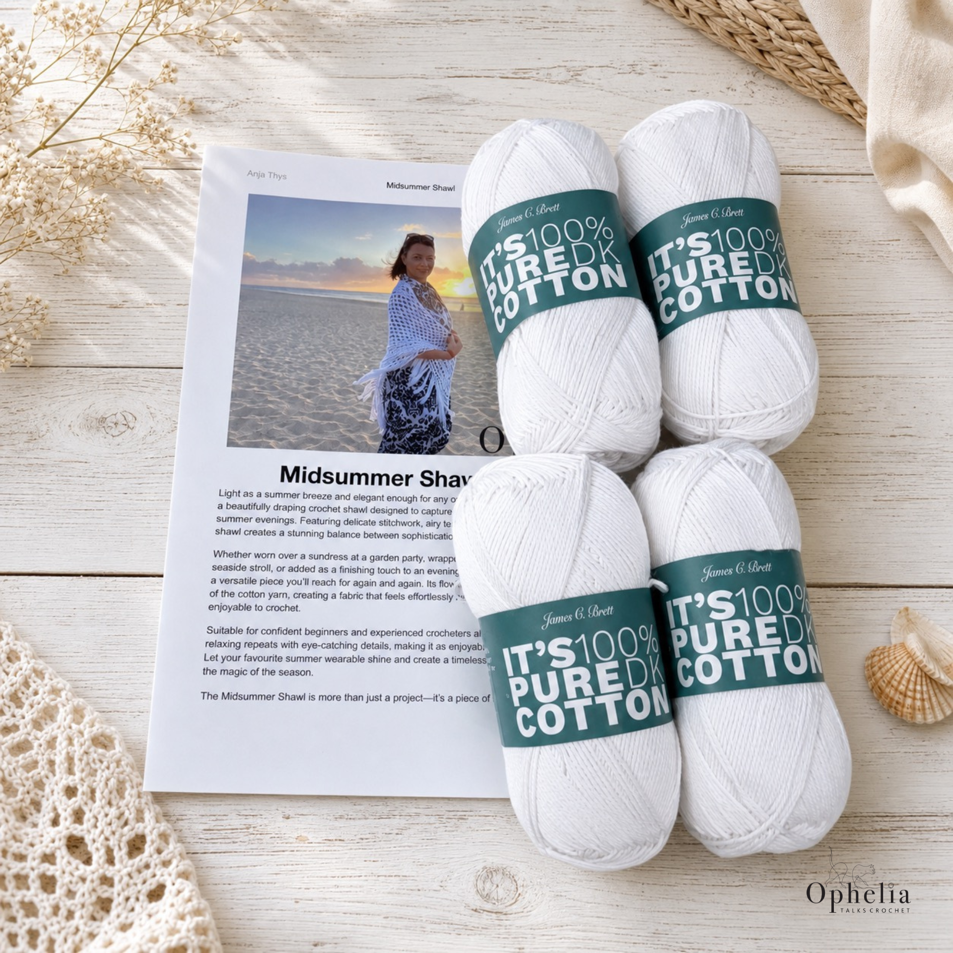 Midsummer Shawl Crochet Kit | White Cotton Yarn Pack & Pattern