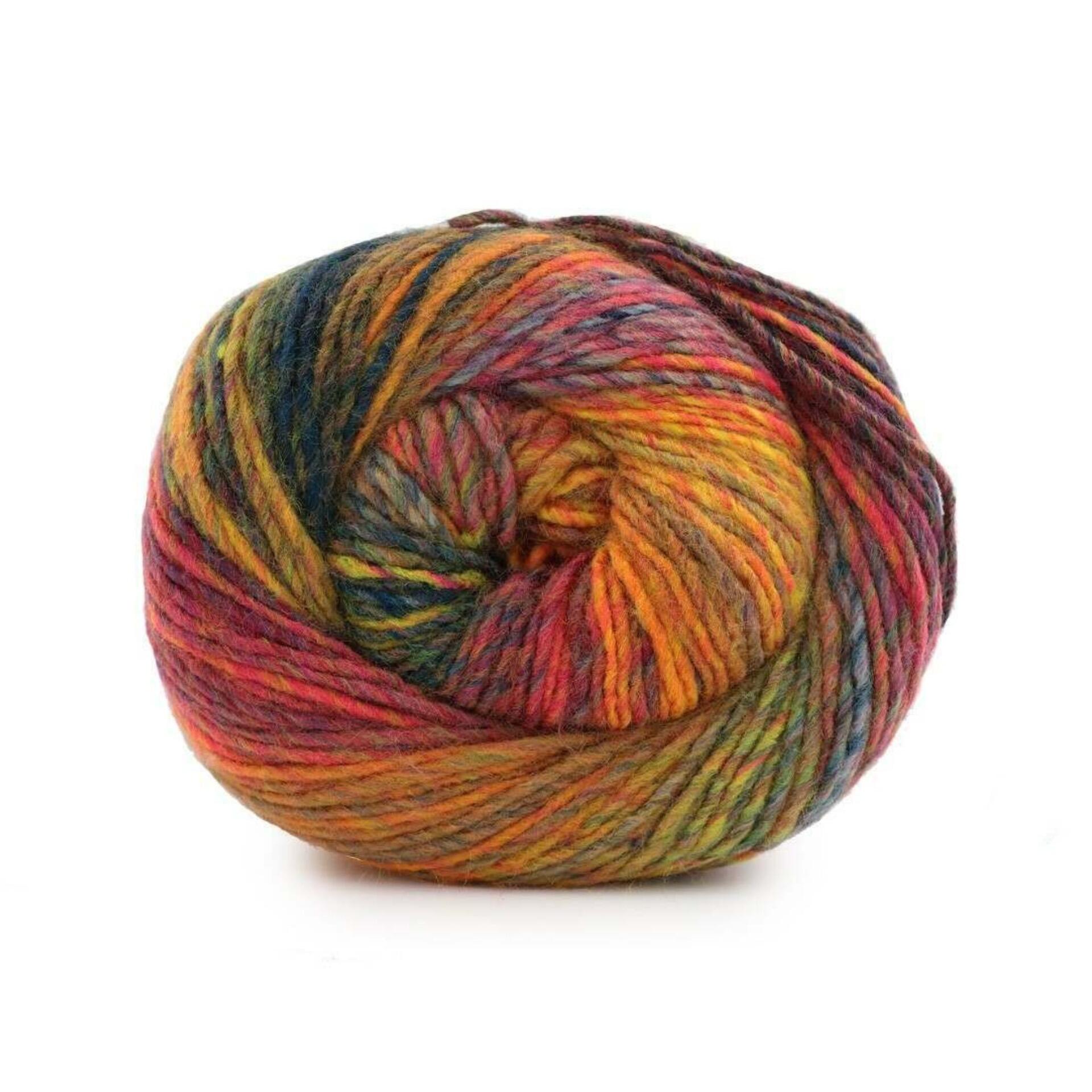 Ball of James C. Brett Emotions DK Yarn in Embarrassed EM14, featuring a bold blend of red, orange, yellow, pink, and blue in a self-striping premium acrylic yarn.
