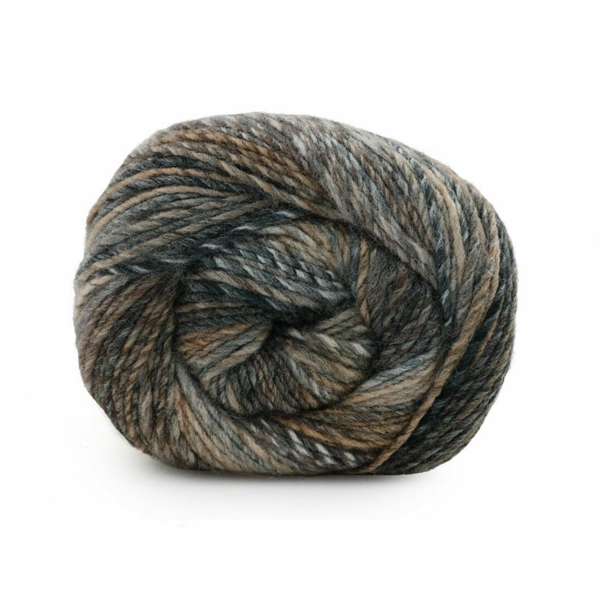 Ball of James C. Brett Emotions DK Yarn in Connection EM15, showing a neutral mix of brown, beige, and grey in a soft self-striping acrylic yarn.