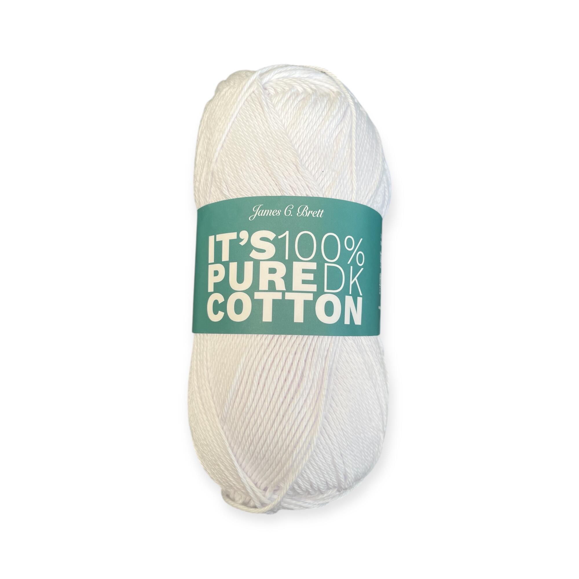 James C. Brett It’s Pure Cotton DK yarn ball in White IC04, 100% cotton DK yarn with turquoise label, 100g, ideal for crochet and knitting projects.