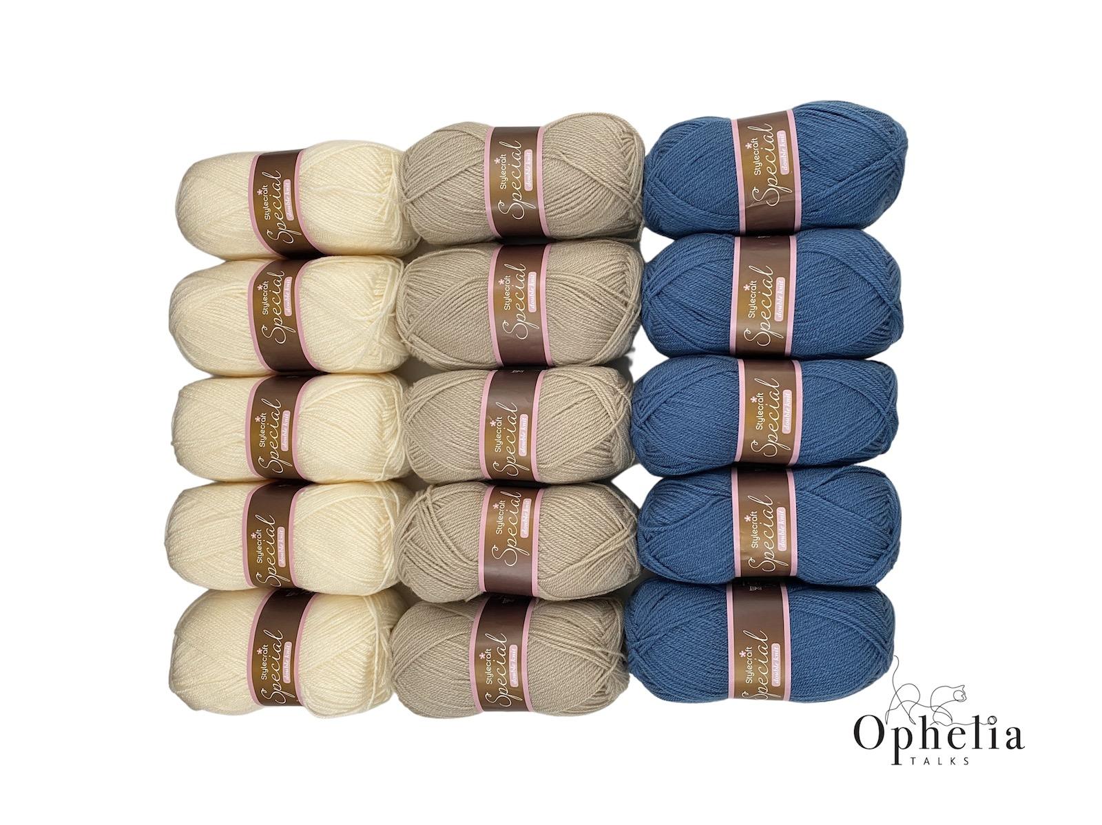 yarn pack in colours Denim, Parchment and Cream