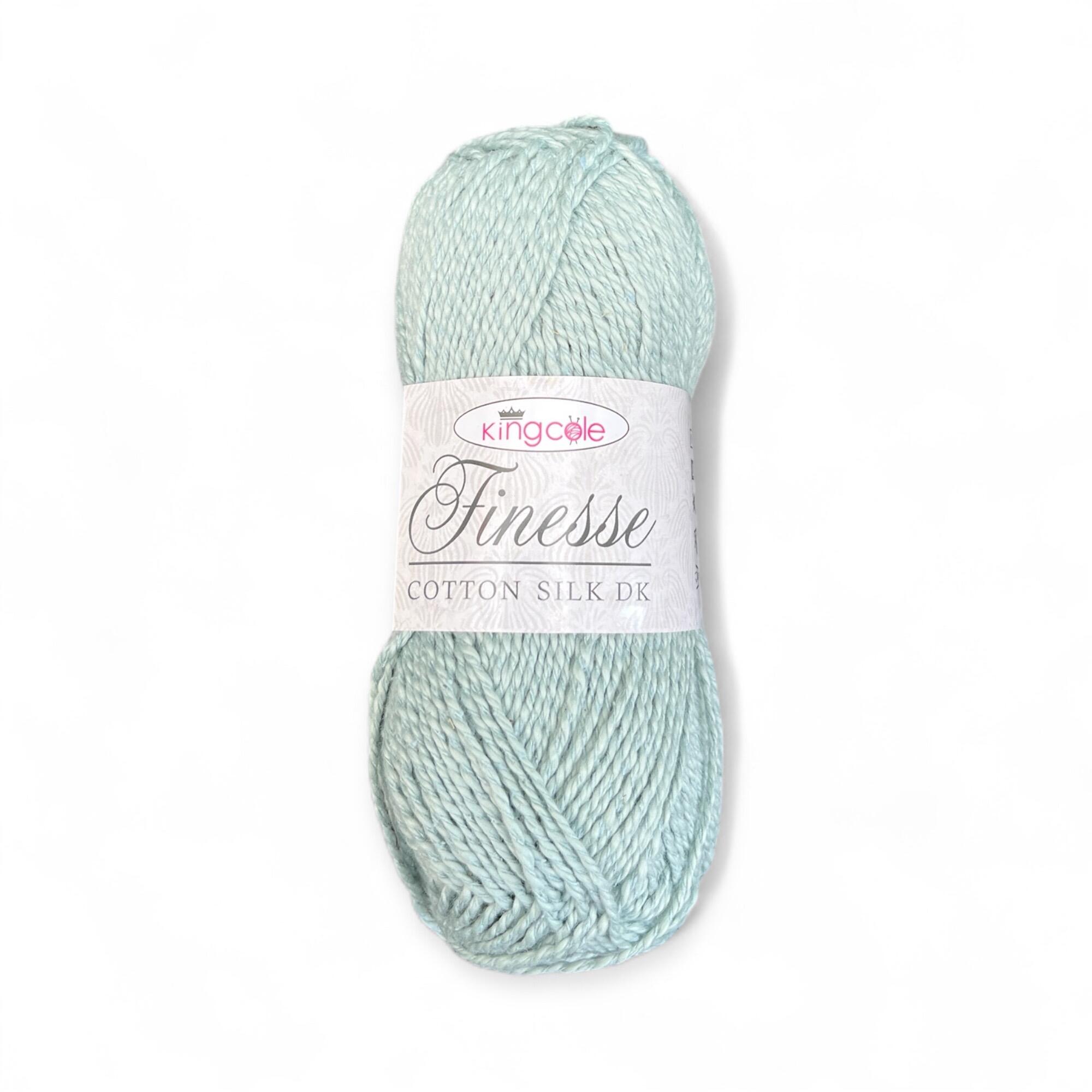 King Cole Finesse Cotton Silk DK 50g yarn ball in Glacier – soft pastel aqua shade with a silky texture, ideal for summer knitting and crochet projects