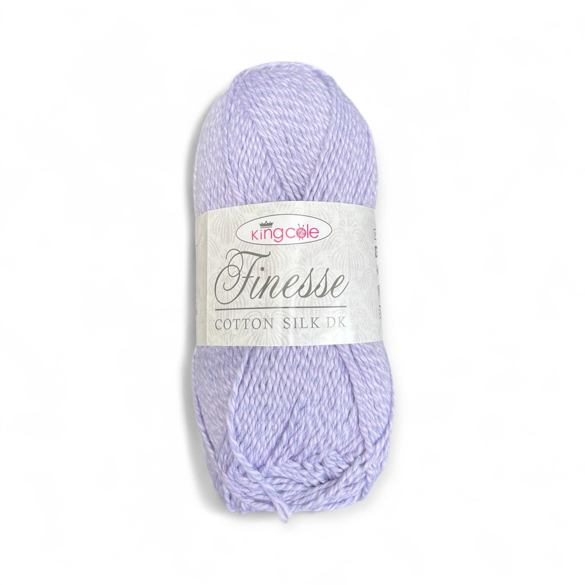 King Cole Finesse Cotton Silk DK 50g yarn ball in Lilac Mist – light lavender pastel shade with silky texture, perfect for babywear, summer garments, and crochet accessories