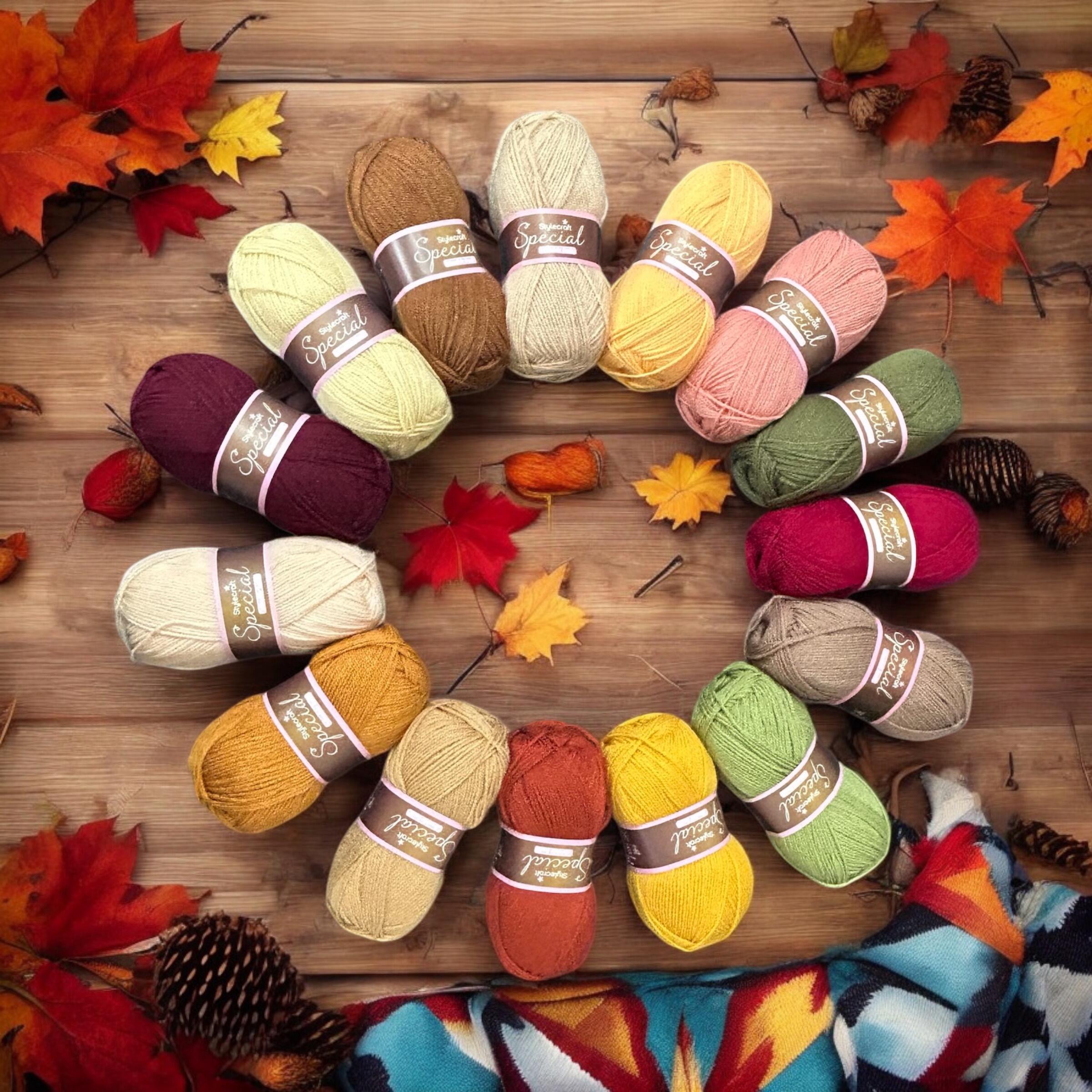 Fall into autumn yarn pack in a circle with autumnal attributes