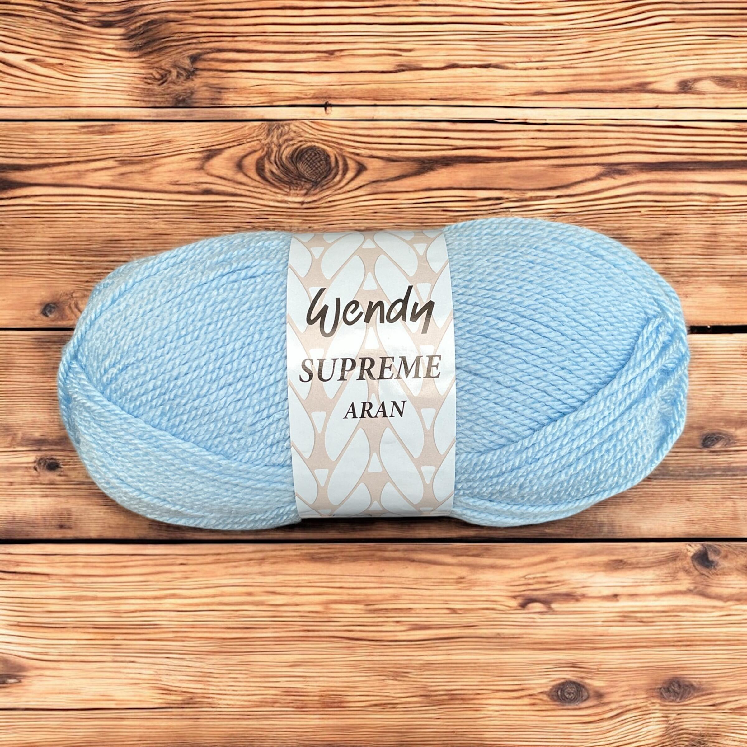 A skein of Wendy Supreme Aran yarn in a soft pastel blue shade, wrapped in its branded label, placed on a rustic wooden background. The label features the "Wendy Supreme Aran" name with a decorative pattern.