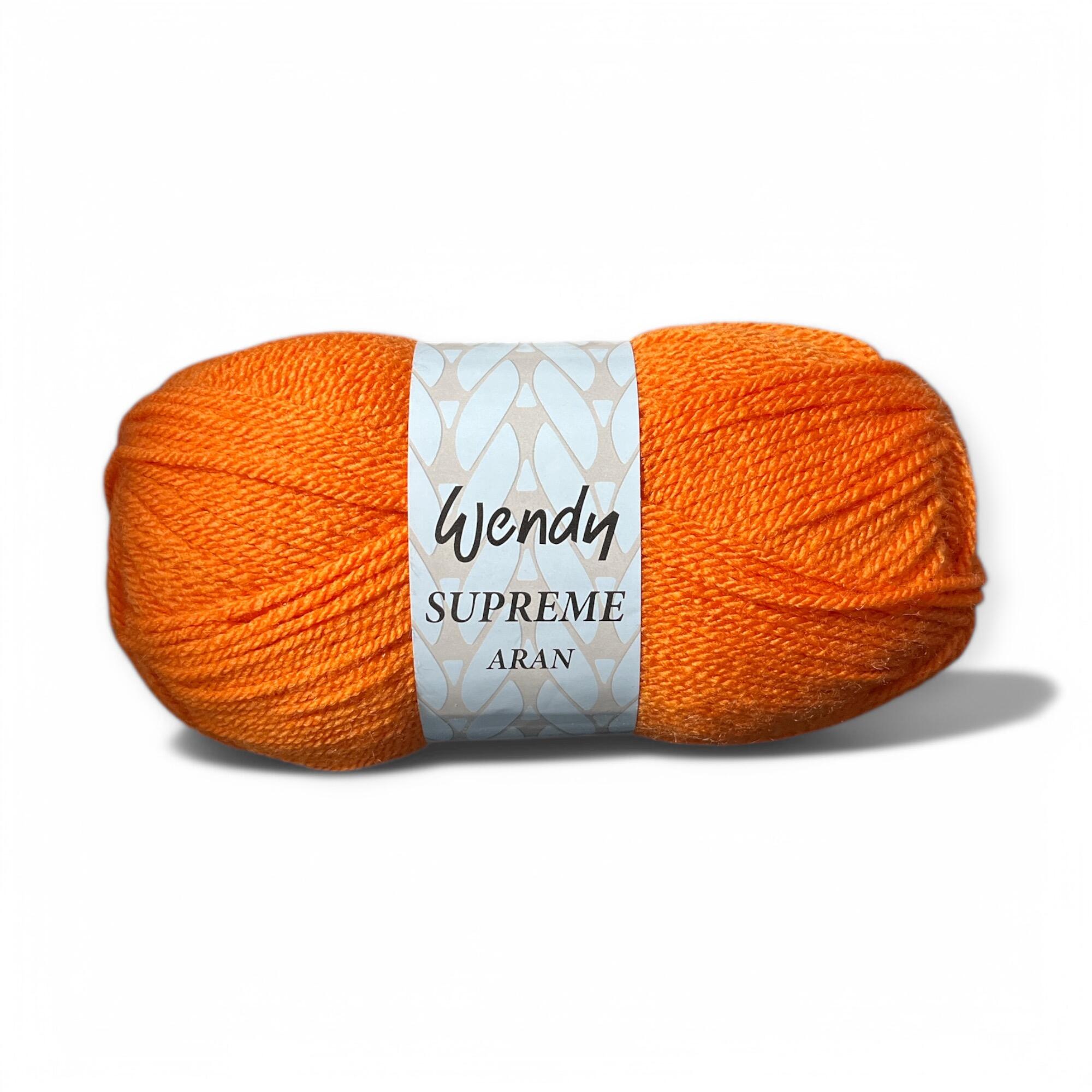 A skein of Wendy Supreme Aran yarn in Pumpkin (SA24), a bright autumnal orange shade, wrapped in its branded label, displayed against a white background. The label features the "Wendy Supreme Aran" name with a decorative pattern.