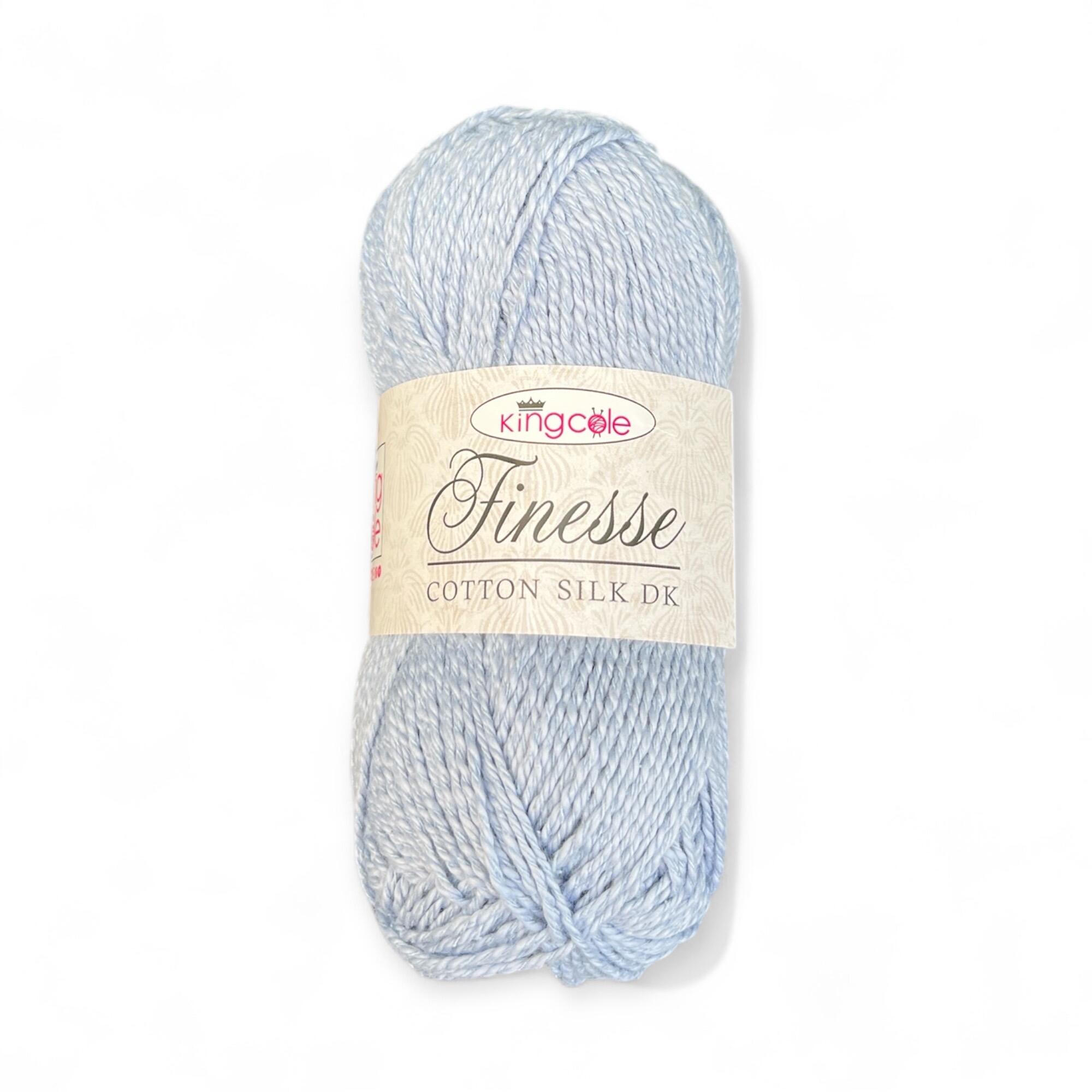 King Cole Finesse Cotton Silk DK 50g yarn ball in Soft Blue – delicate pastel blue shade with silky finish, ideal for babywear, summer knitting, and crochet projects