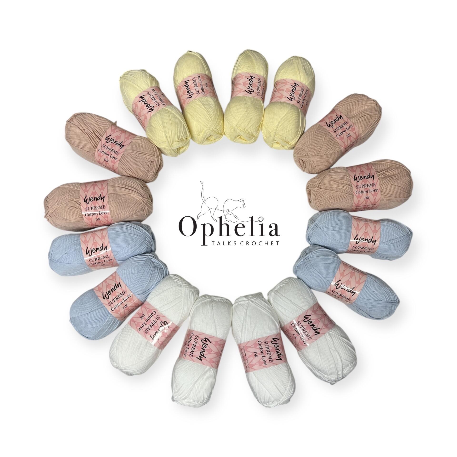 Wendy Supreme Cotton Love yarn pack in soft pastel shades of yellow, white, and blue, displayed in a circular layout with Ophelia Talks Crochet logo in the center.
