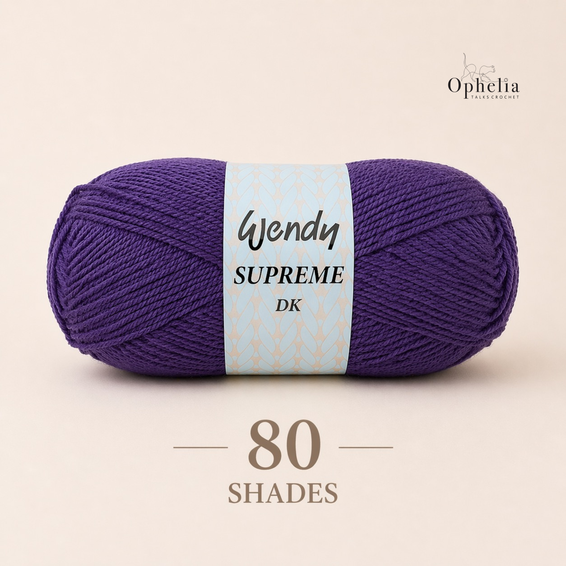 Wendy Supreme DK category image featuring a purple yarn ball on a plain neutral background with text highlighting 80 shades available.