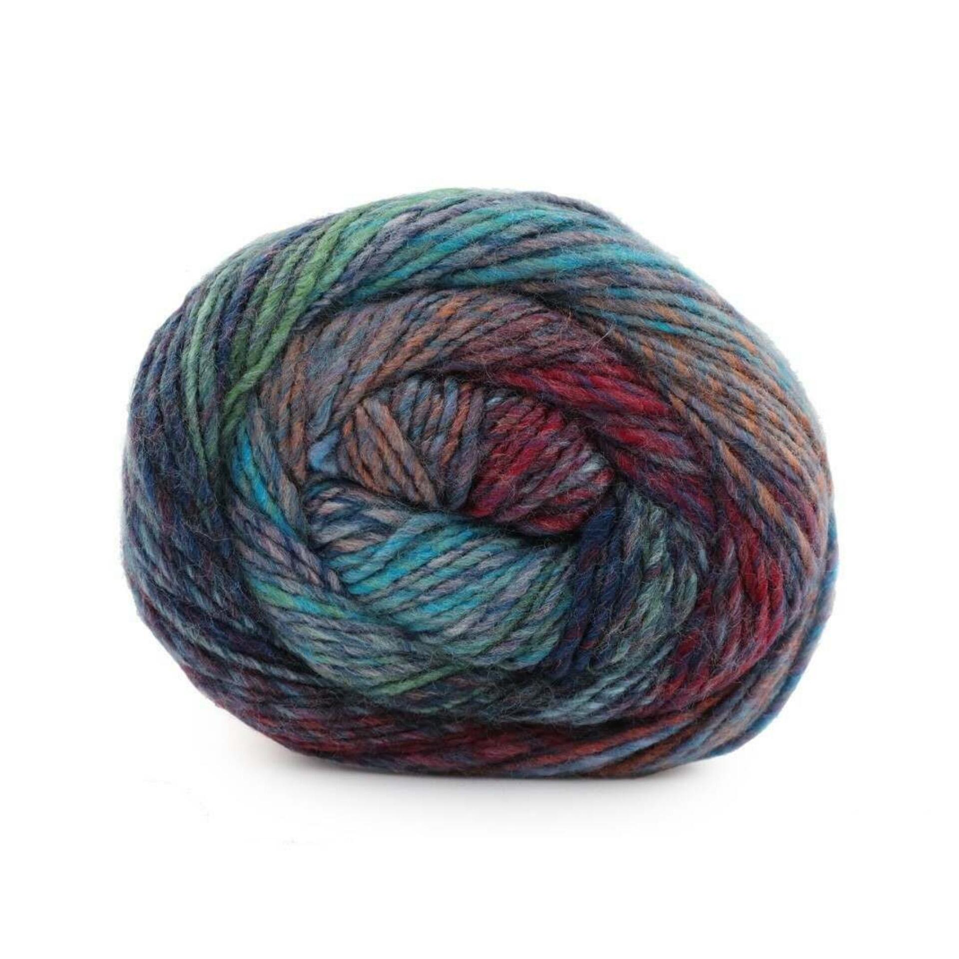 Ball of James C. Brett Emotions DK Yarn in Reflection EM16, featuring rich self-striping tones of teal, red, green, and blue in premium acrylic yarn.