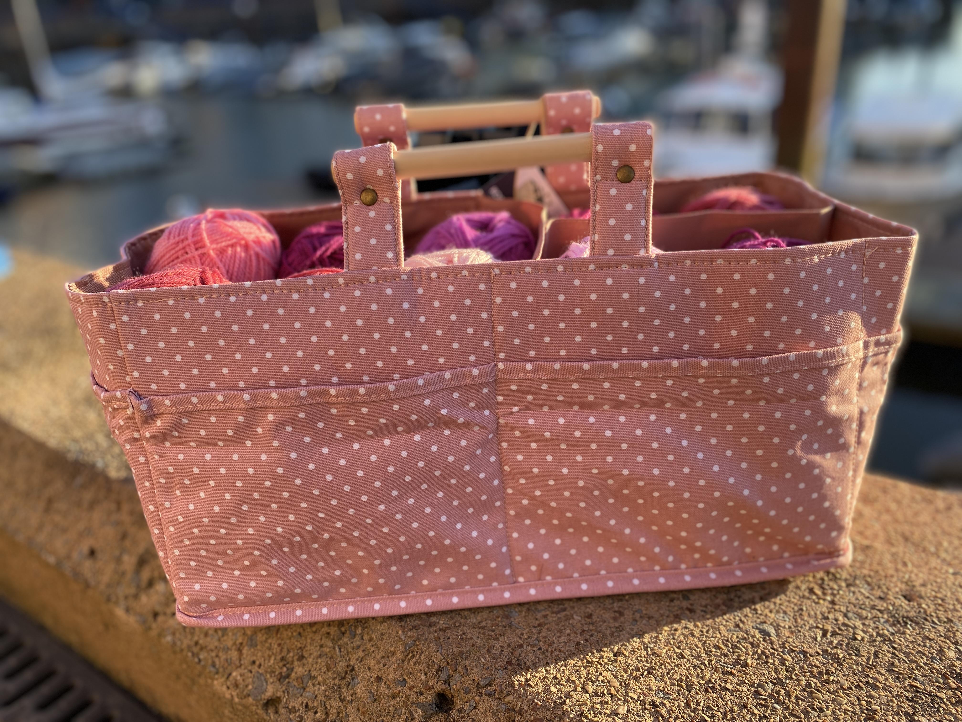dust pink carry tote with yarn inside