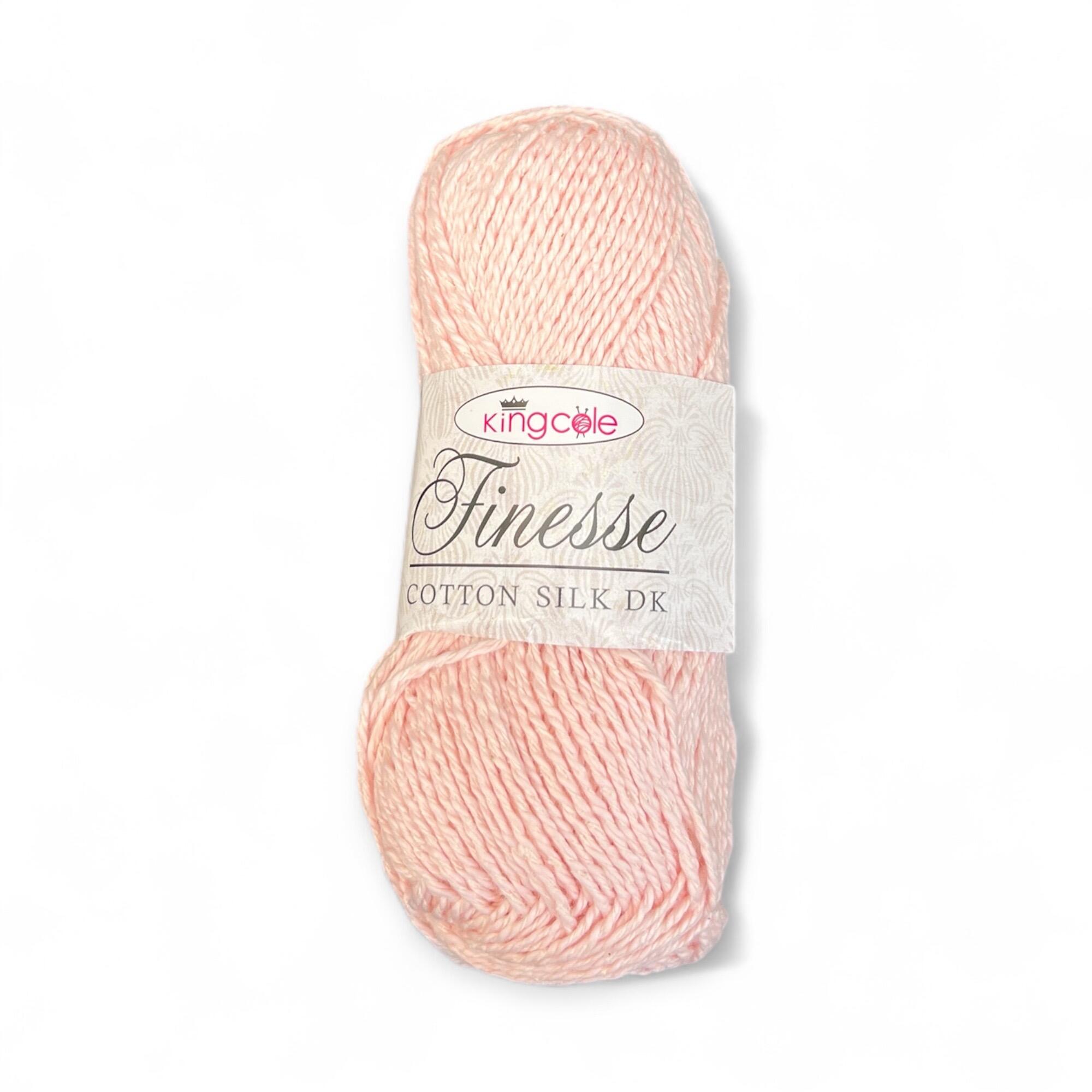 King Cole Finesse Cotton Silk DK 50g yarn ball in Soft Pink – light blush pastel shade with a silky finish, ideal for babywear, summer garments, and crochet projects
