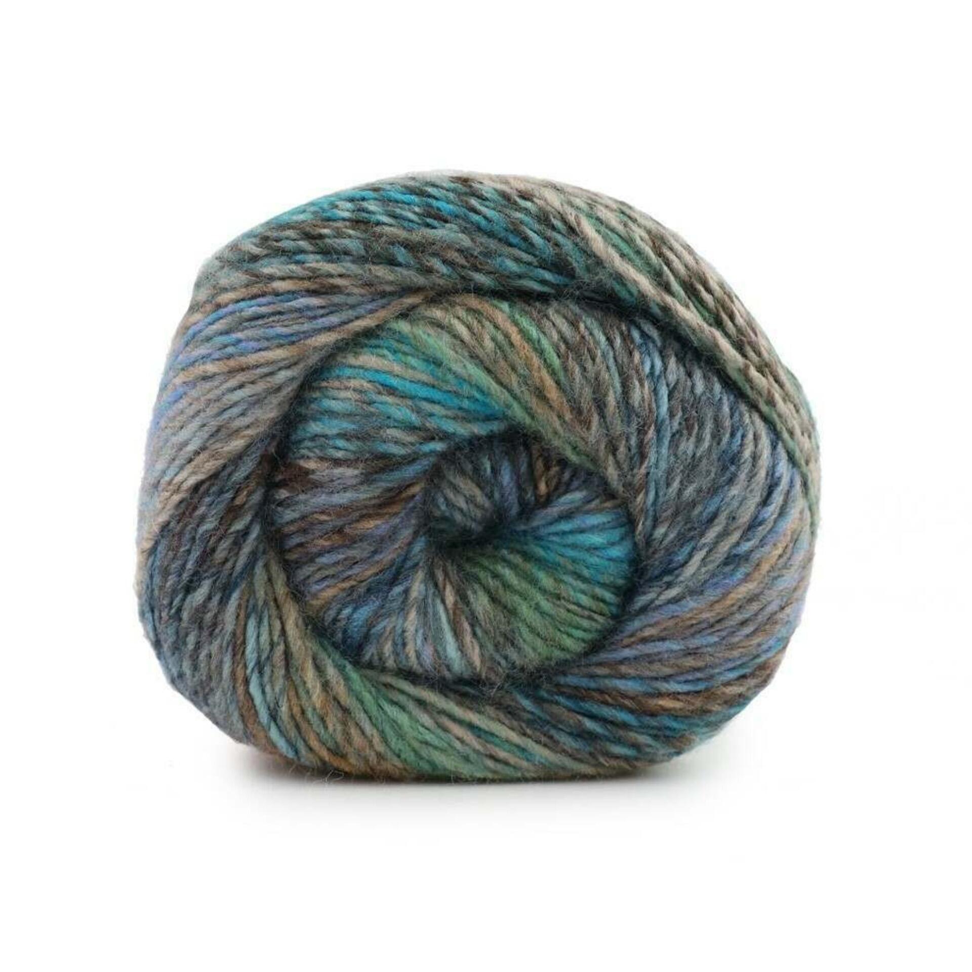 Ball of James C. Brett Emotions DK Yarn in Peaceful EM13, featuring a soft blend of greens, blues, greys, and browns in a self-striping premium acrylic yarn.