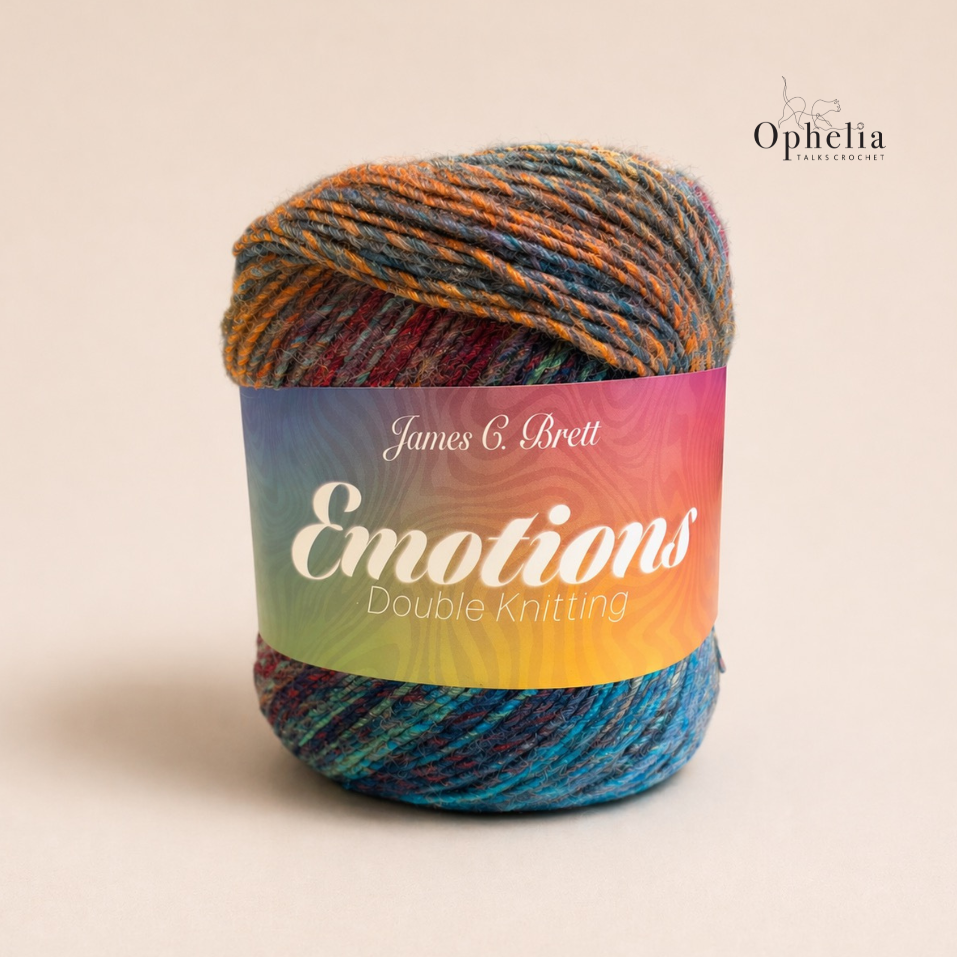Shop James C. Brett Emotions double knitting yarn at Ophelia Talks Crochet, featuring a multi-coloured pastel yarn ball category image.