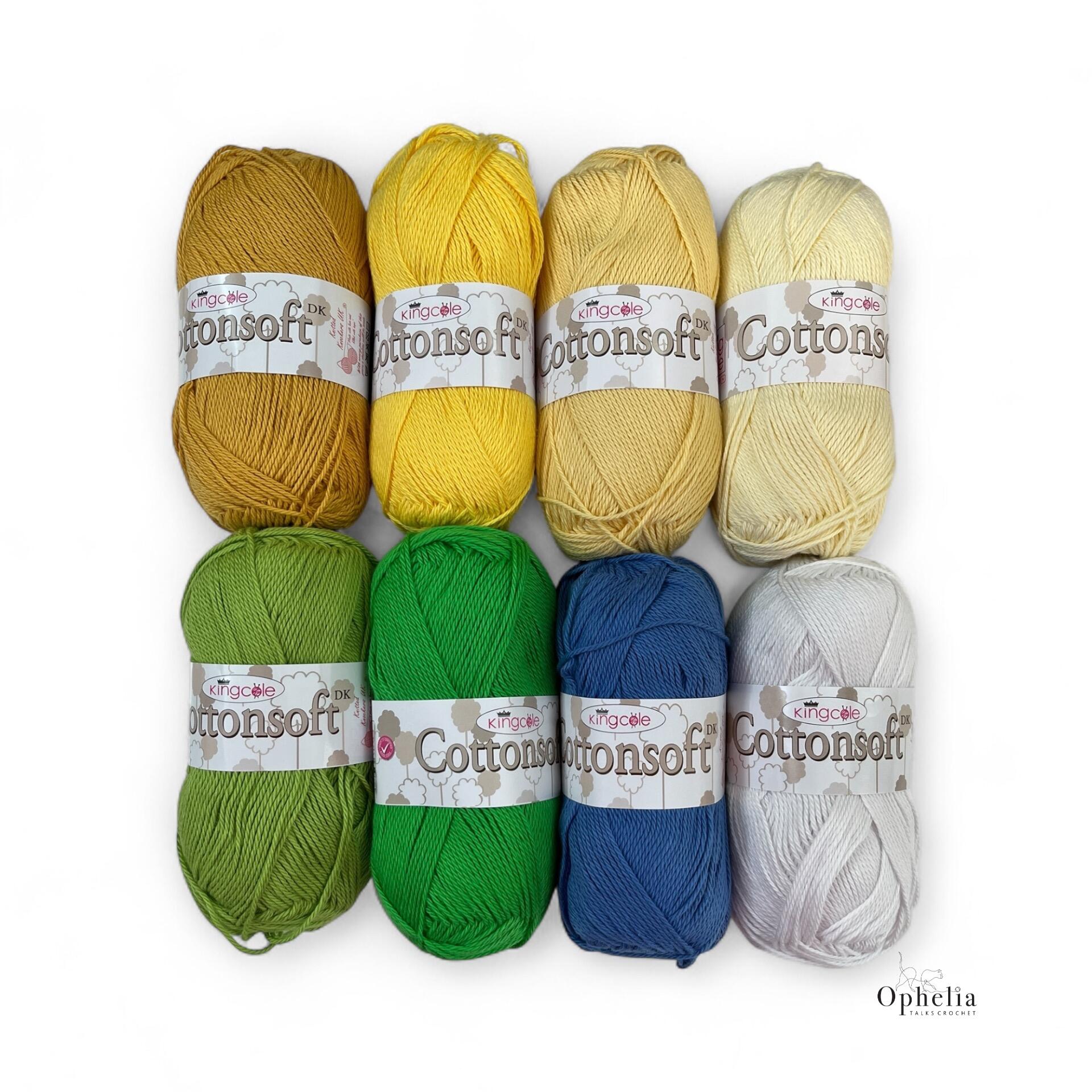 King Cole Cottonsoft DK Lemons Galore Yarn Pack – 8 balls of 100% cotton yarn in yellow, green, blue, grey, and cream shades, ideal for crochet and knitting projects.