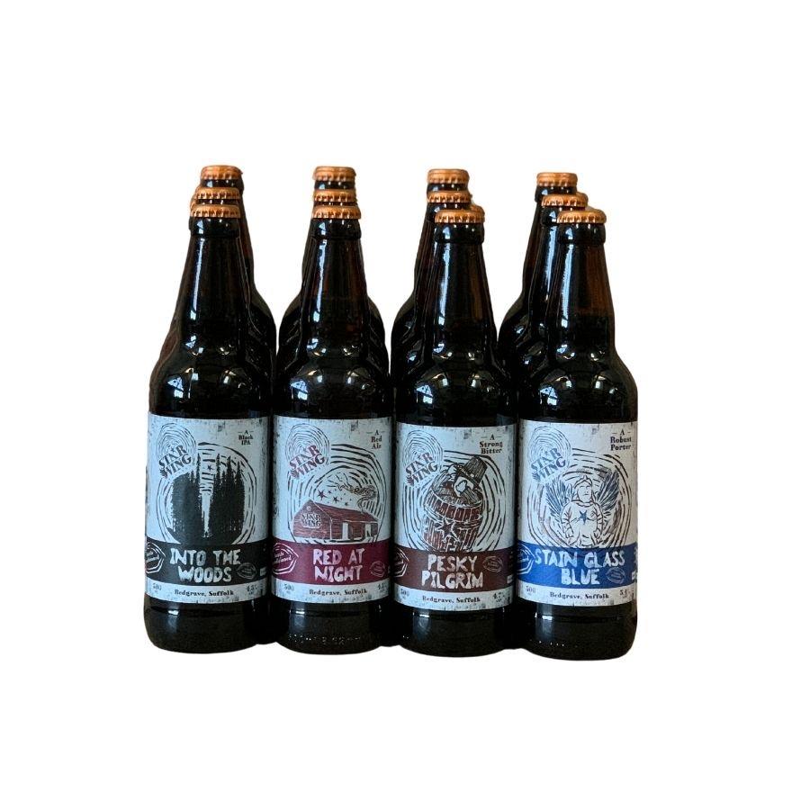A case of 500ml bottles containing a mix of delicious Star Wing Brewery dark and malty beers