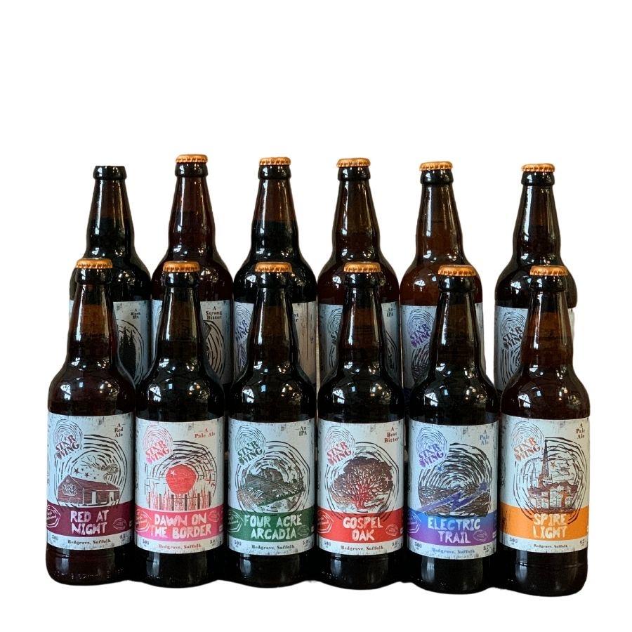 A case of 12 bottles containing a mix of delicious Star Wing Brewery beers