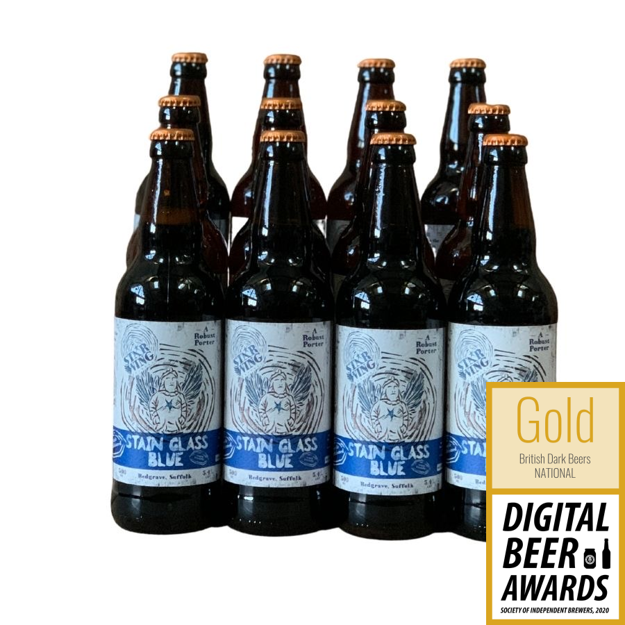 A case of 12 500ml bottles of delicious Star Wing Brewery's award-winning Stain Glass Blue, 5.4% Robust Porter