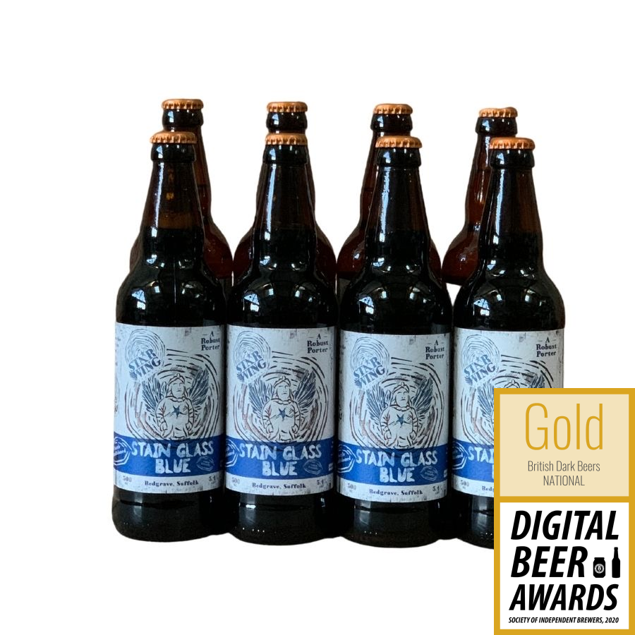 A case of 8 500ml bottles of delicious Star Wing Brewery's award-winning Stain Glass Blue, 5.4% Robust Porter