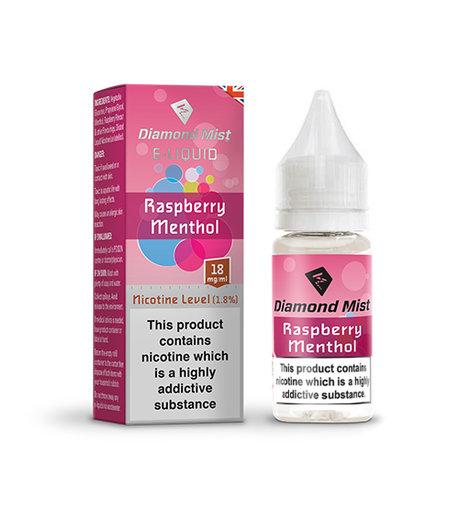 A bottle of 10ml eliquid raspberry menthol flavour made by diamond mist