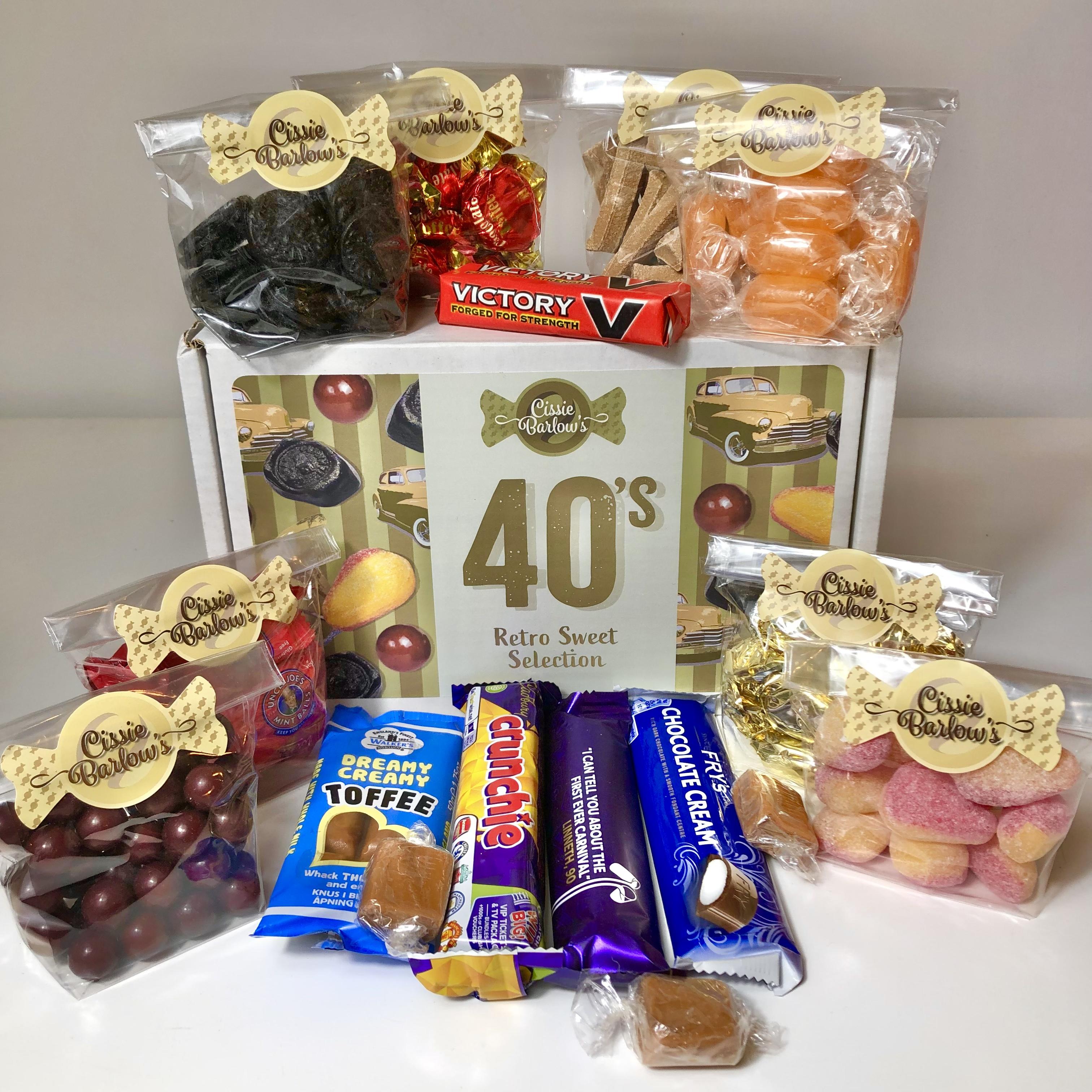 1940s retro sweet box surrounded by the contents