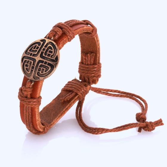 Celtic Knotwork Disc Brass Plated Tan Leather Bracelet
