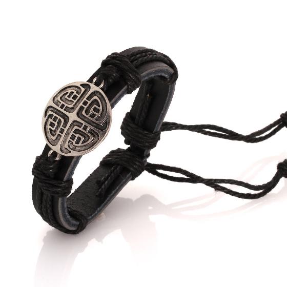 Celtic Knotwork Disc Silver Plated Black Leather Bracelet