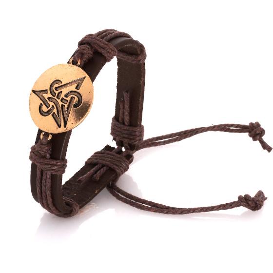 Celtic Triangle Brass Plated Brown Leather Bracelet