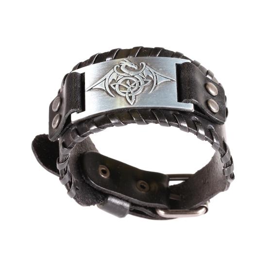 Viking-Celtic Dragon Silver Coloured Black PU Leather Bracelet