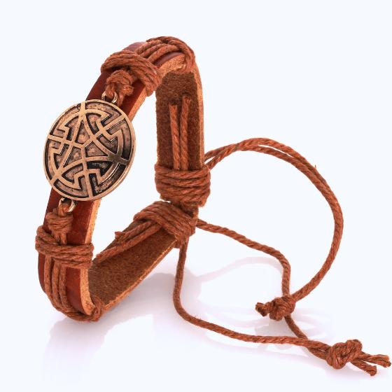 Celtic Key Design Brass Plated Tan Leather Bracelet