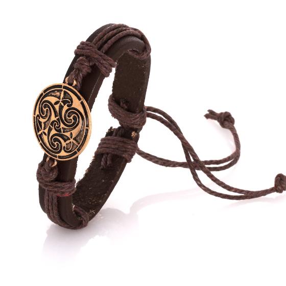 Celtic Spiral Brass Plated Brown Leather Bracelet