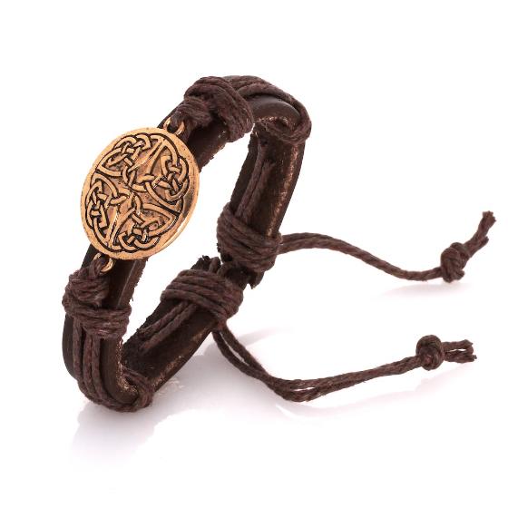 Celtic Knotwork Brass Plated Brown Leather Bracelet