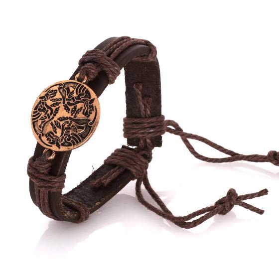 Celtic Dogs Brass Plated Brown Leather Bracelet
